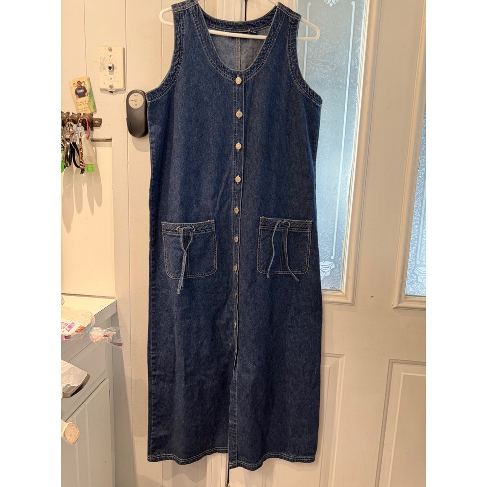 The Blues Vintage Denim Maxi Dress Medium Wash Button Front Sleeveless Jumper M
